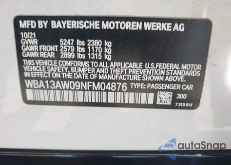 2022 BMW M440I Gran Coupe xDrive z USA, uszkodzony, nr VIN WBA13AW09NFM04876